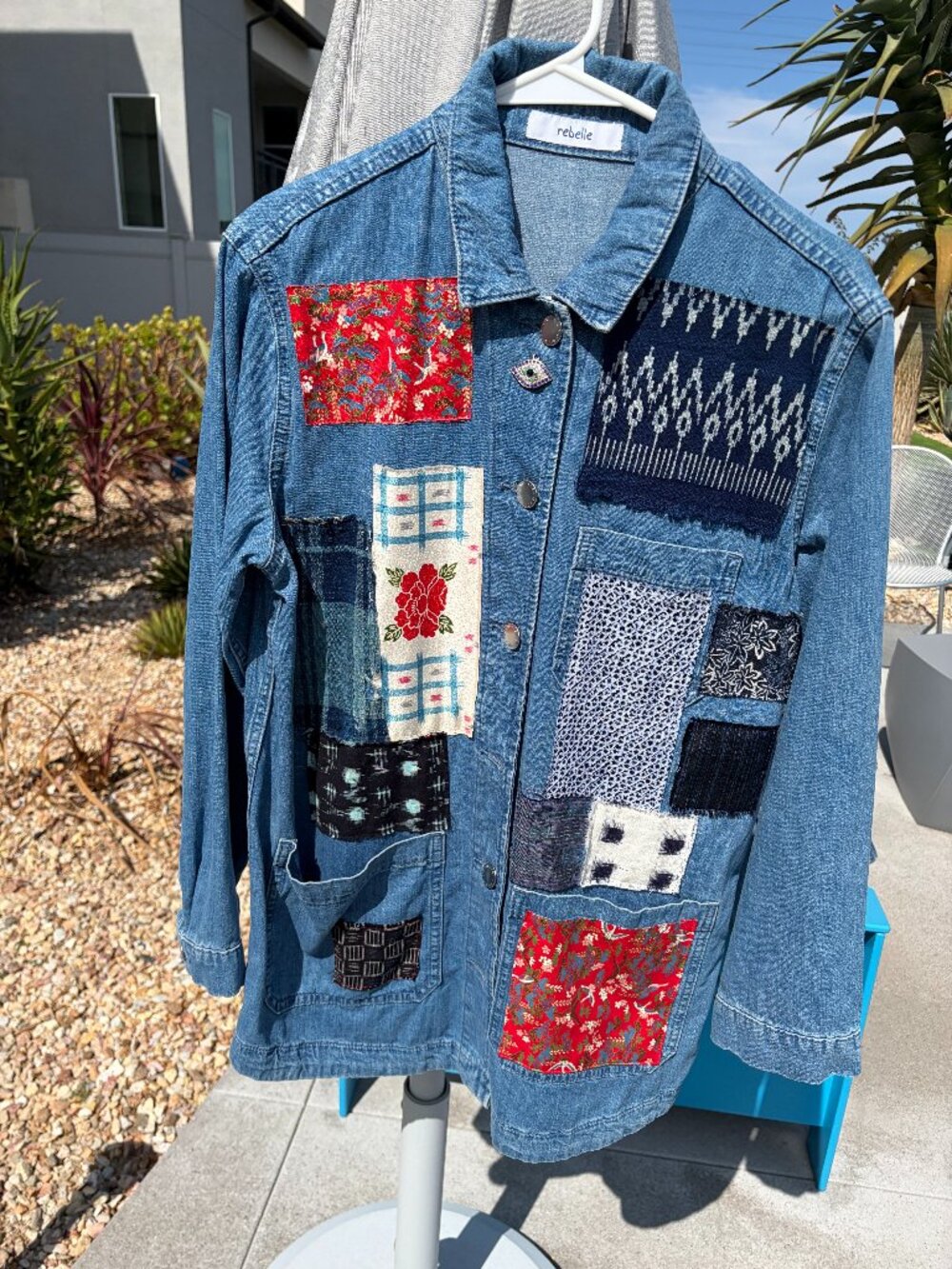 Denim chore jacket with Japanese patches, size S/M